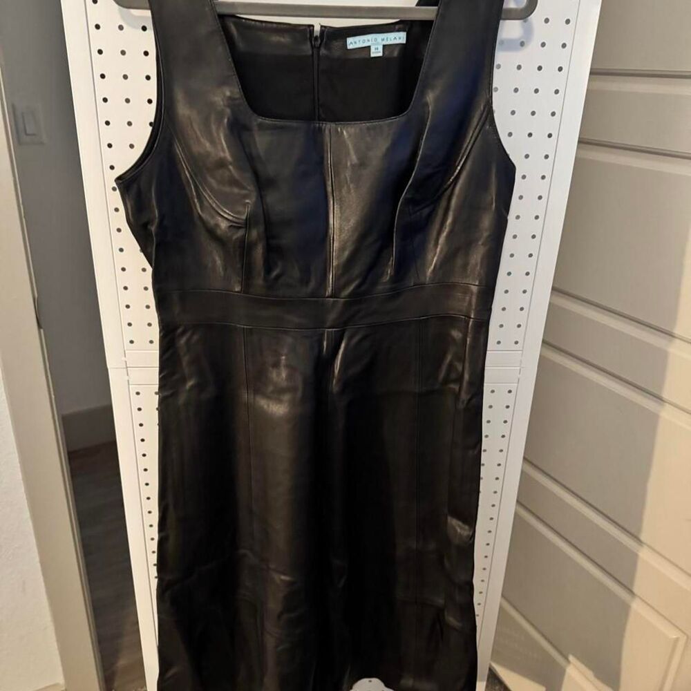 Antonio Melani Genuine Leather Black Midi Dress Size 14